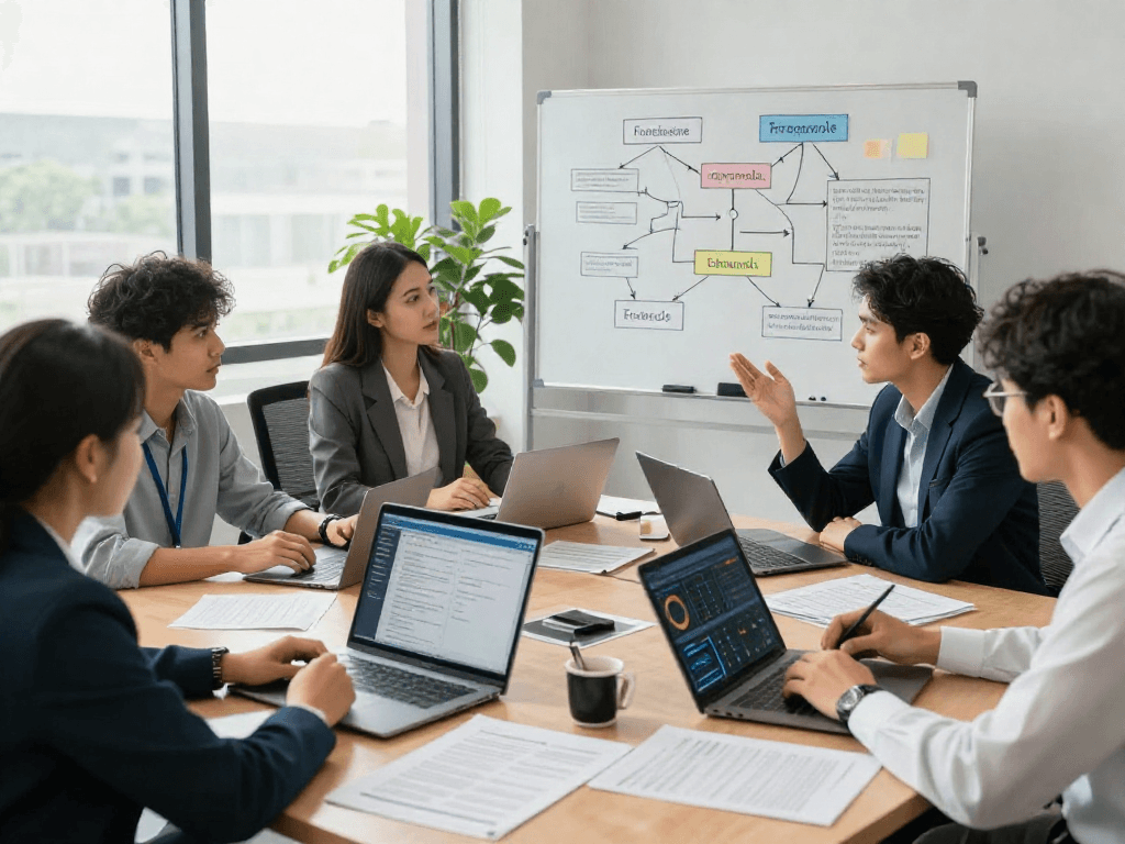 Document fraud detection team analyzing verification metrics in a modern office.