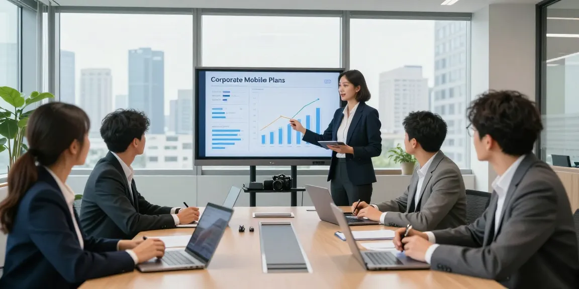Team collaboration discussing corporate mobile plans UK in modern office with data visuals.