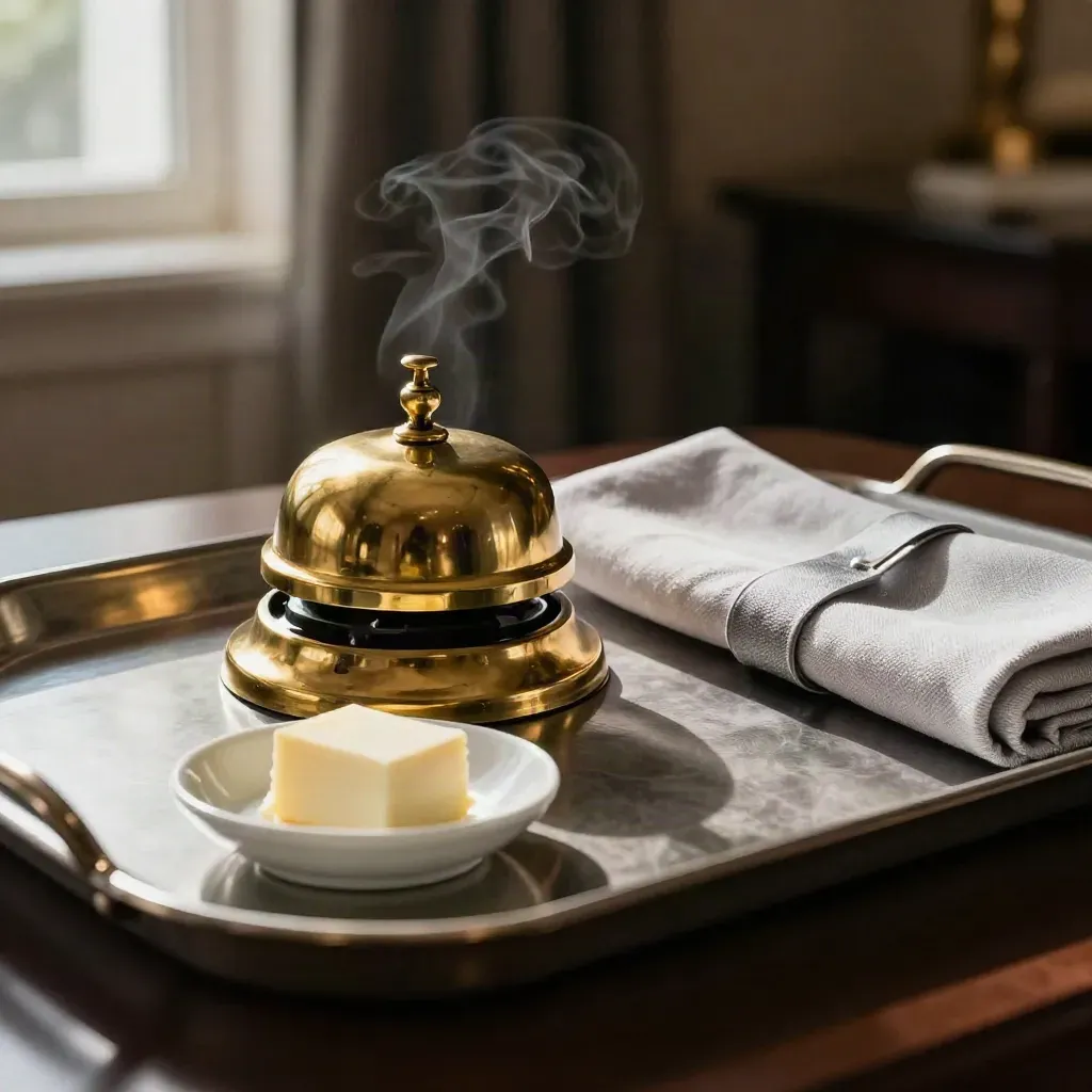 Campanello brass e cloche su vassoio hotel, con burriera in ceramica e lino chiaro.
