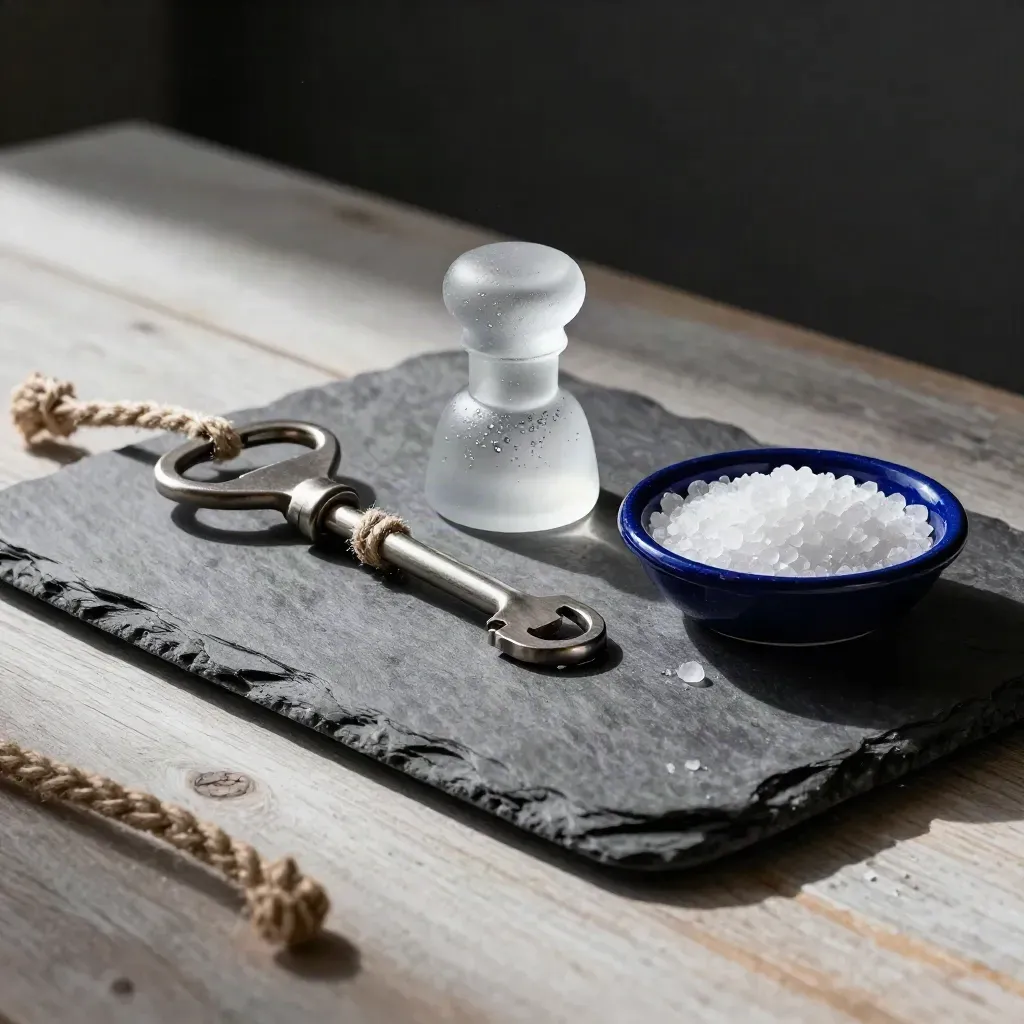 Kit costiero con vassoio in ardesia, apribottiglie legato con corda, tappo in vetro e sale su legno chiaro.