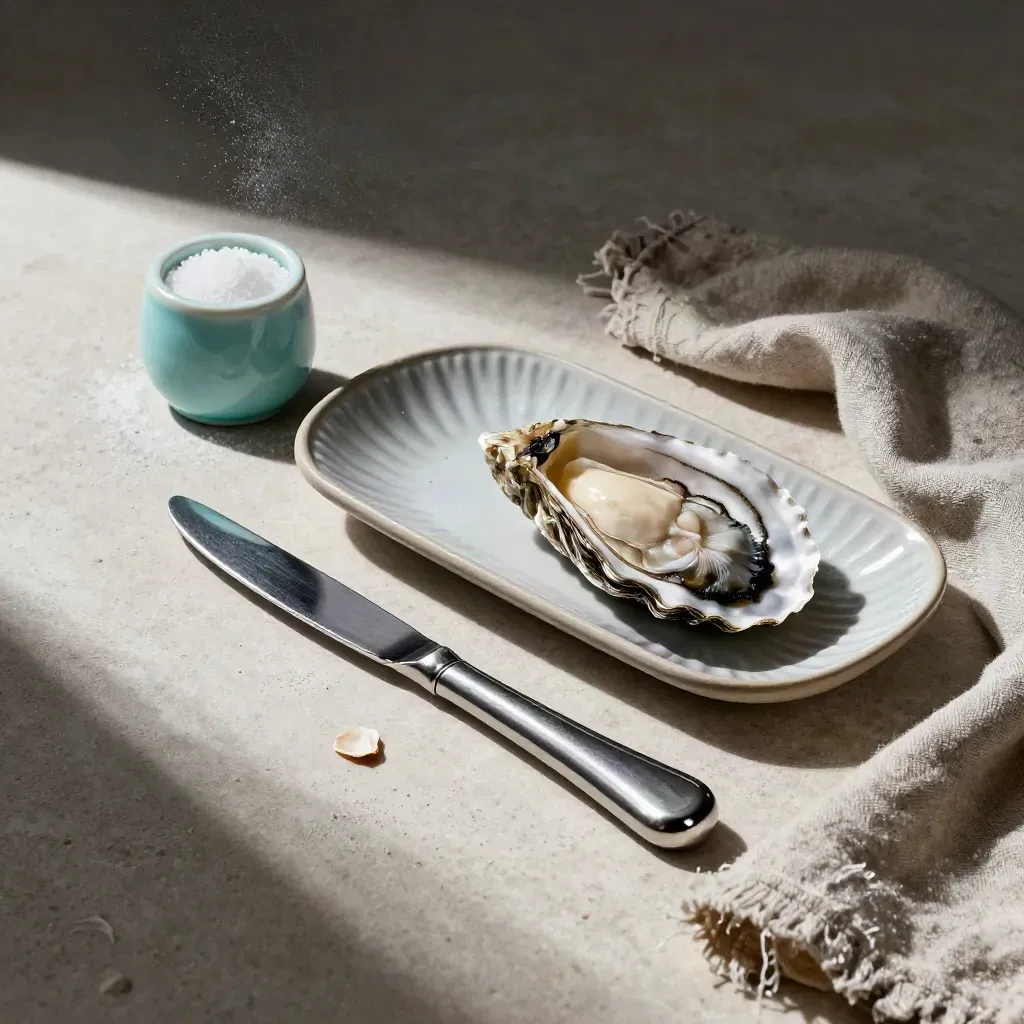 Set da ristorante di mare con coltello per ostriche, vassoio a conchiglia e lino umido su pietra.