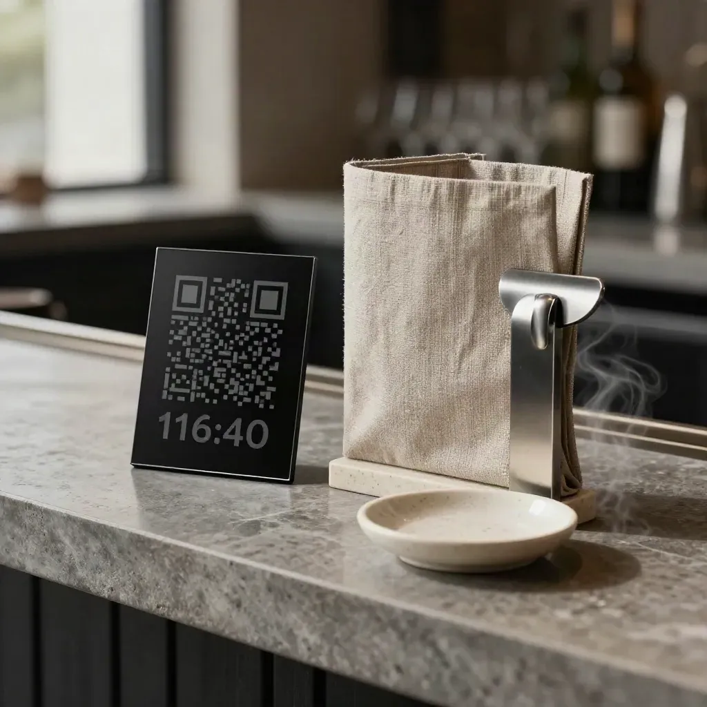 Targa QR nera, porta-menu in lino e dosatore in metallo su supporto in pietra, luce morbida.