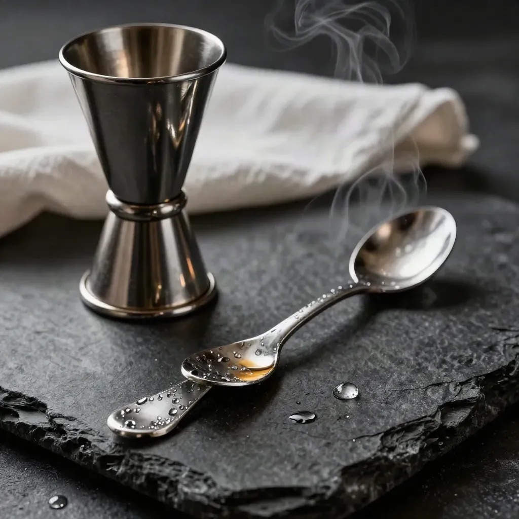 Trio da bar su pietra scura: jigger, spoon e mixing glass con vapore ed effetti macro.