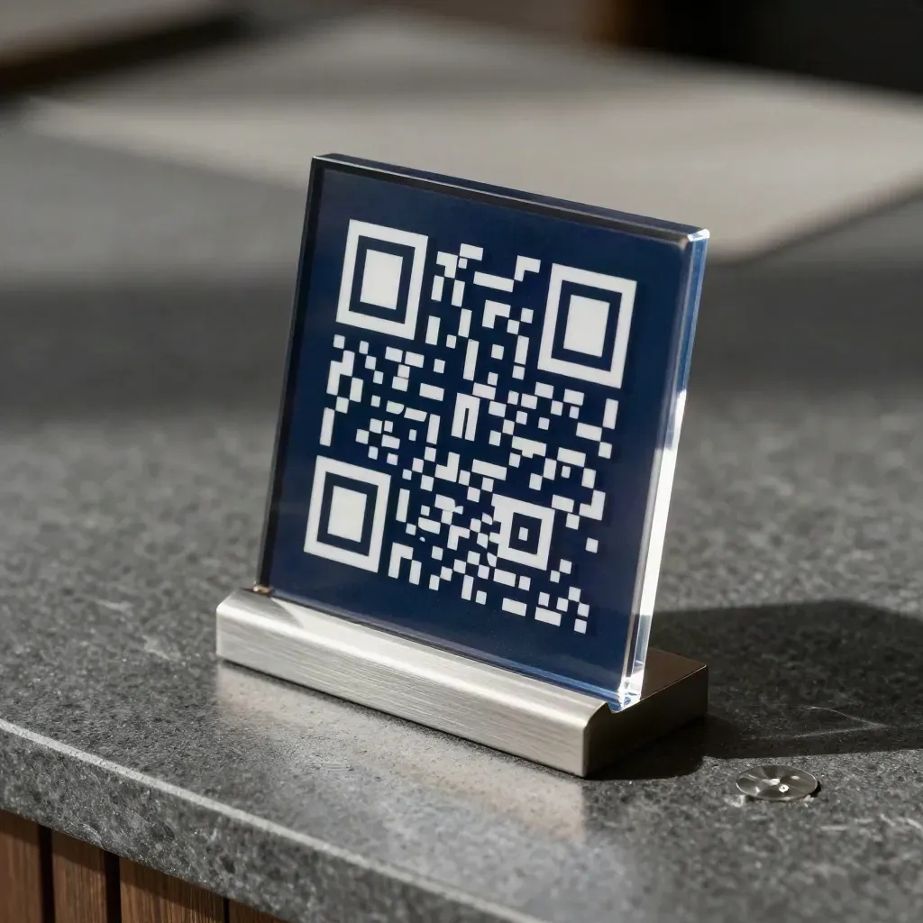Piastra QR in acrilico con base in acciaio e distanziali su pietra grafite.