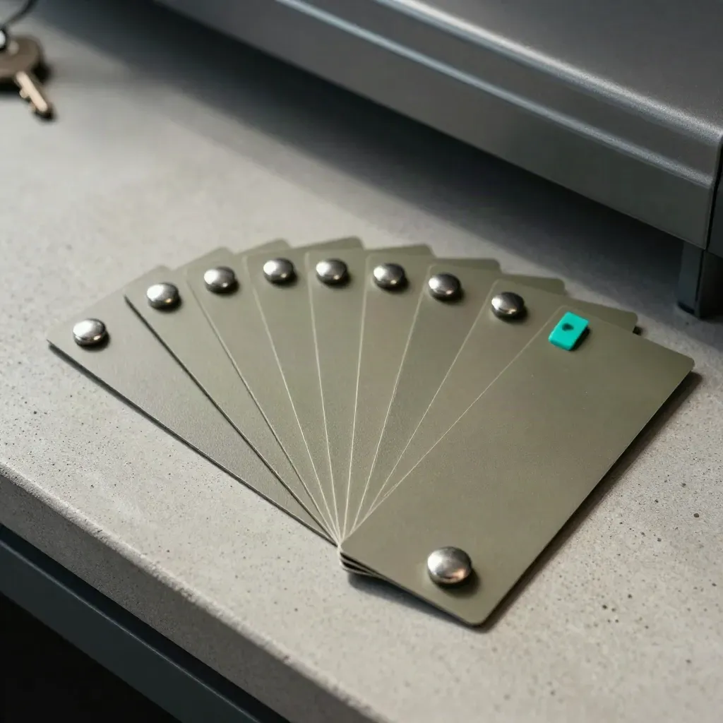 Strisce prezzo magnetiche e binario in alluminio su cemento chiaro, vista dall’alto.