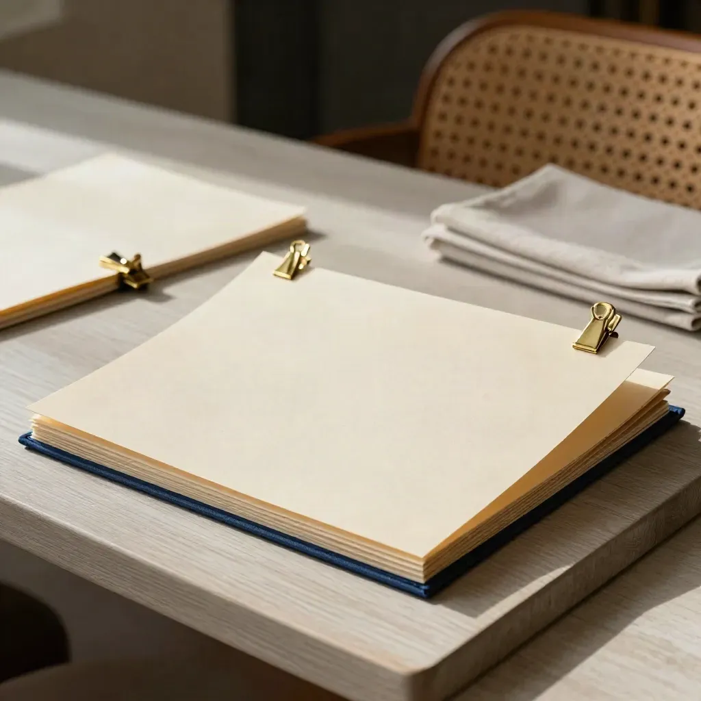Tre menu sleeve sovrapposti con clip in ottone su tavola di legno chiaro.