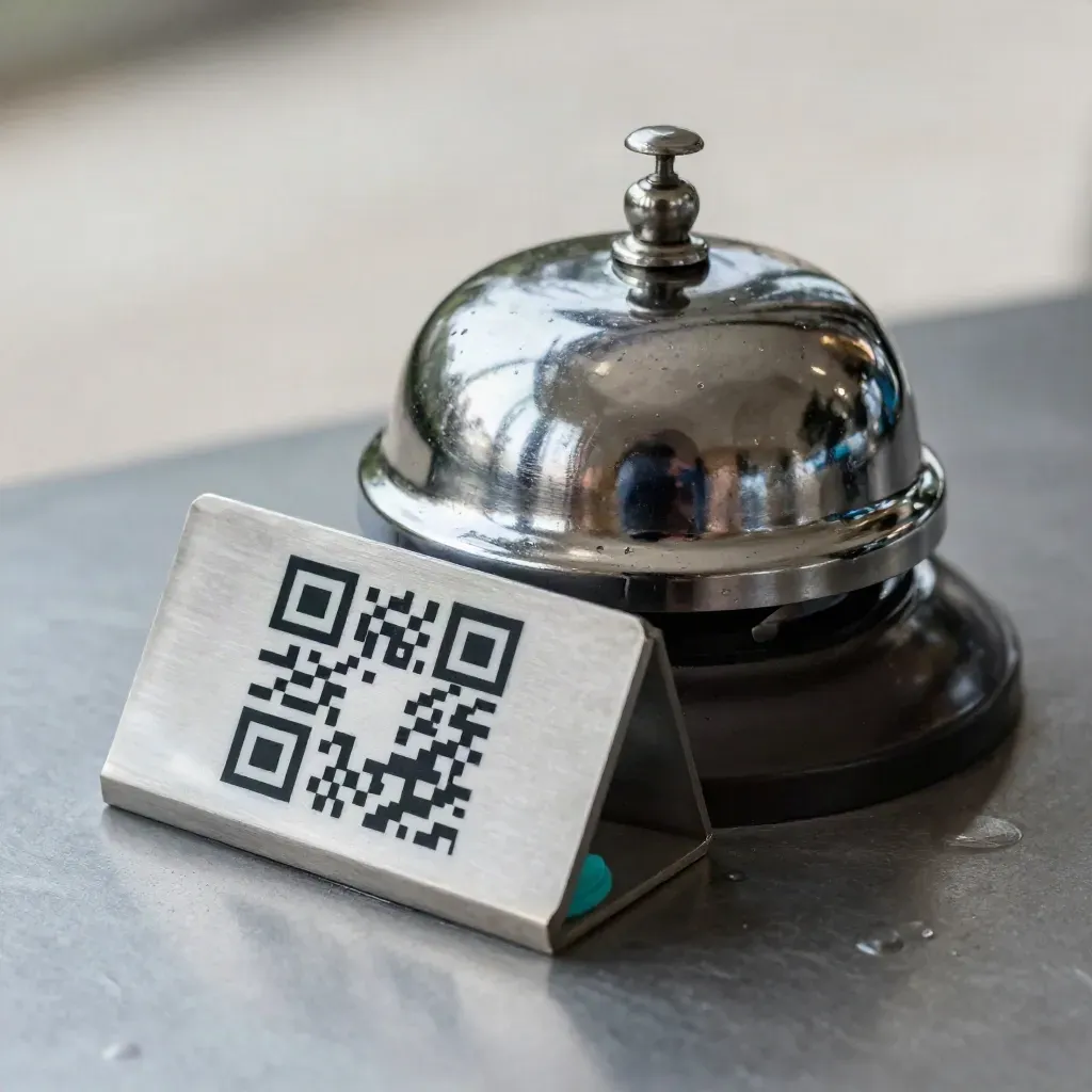 Base QR per ordini al tavolo e campanello in acciaio su metallo spazzolato, con lieve condensa.