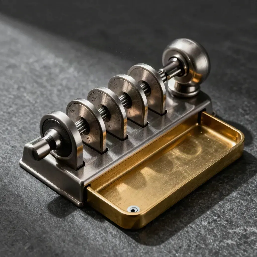 Contatore metallico, clip biglietti e vaschetta in ottone su pietra grafite.