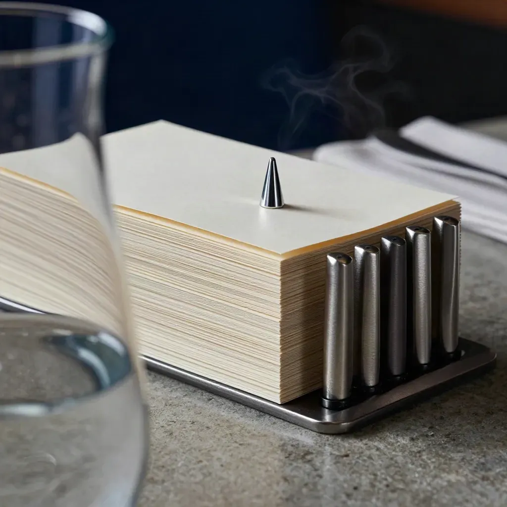 Kit host stand con menu, puntale scontrini e segnatavoli dietro una caraffa di vetro