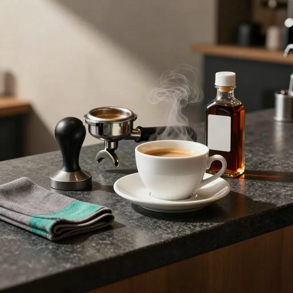 Set da bar con portafiltro, tamper, piattino e bottiglia sciroppo su pietra scura, con vapore.