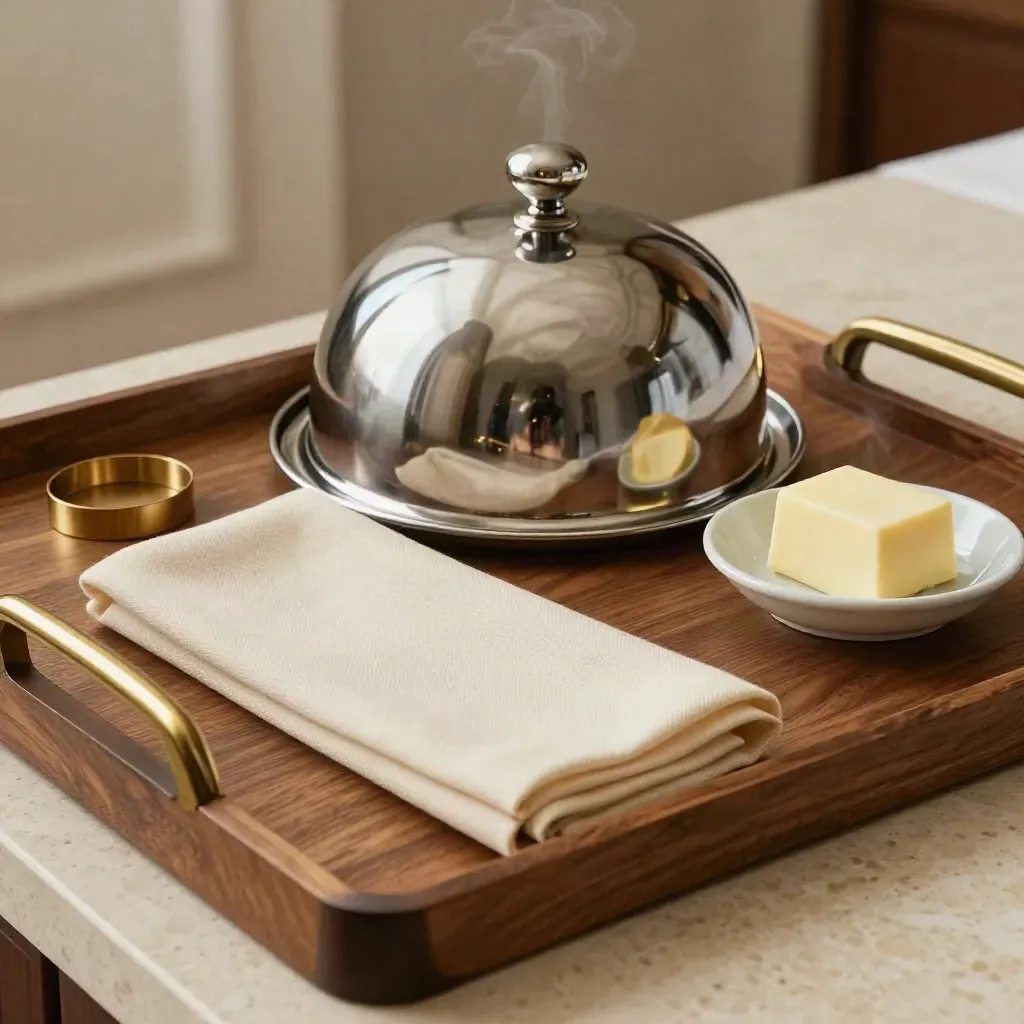 Vassoio room service con cloche, tovagliolo di lino e burriera in ceramica, luce drammatica.