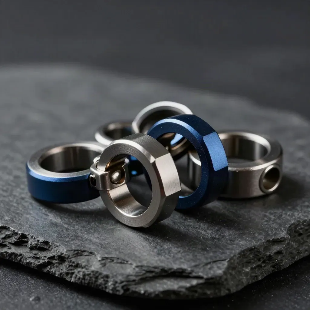 Anelli metallici e connettore su pietra grafite, luce drammatica e accento blu notte.