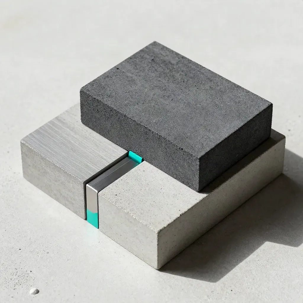 Blocchi modulari grafite con giunto magnetico su cemento chiaro, visti dall’alto.