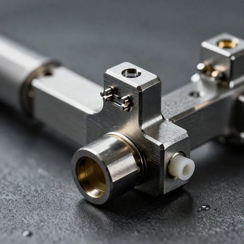 Connettori metallici di precisione e traversa in alluminio su metallo scuro, con vapore freddo.