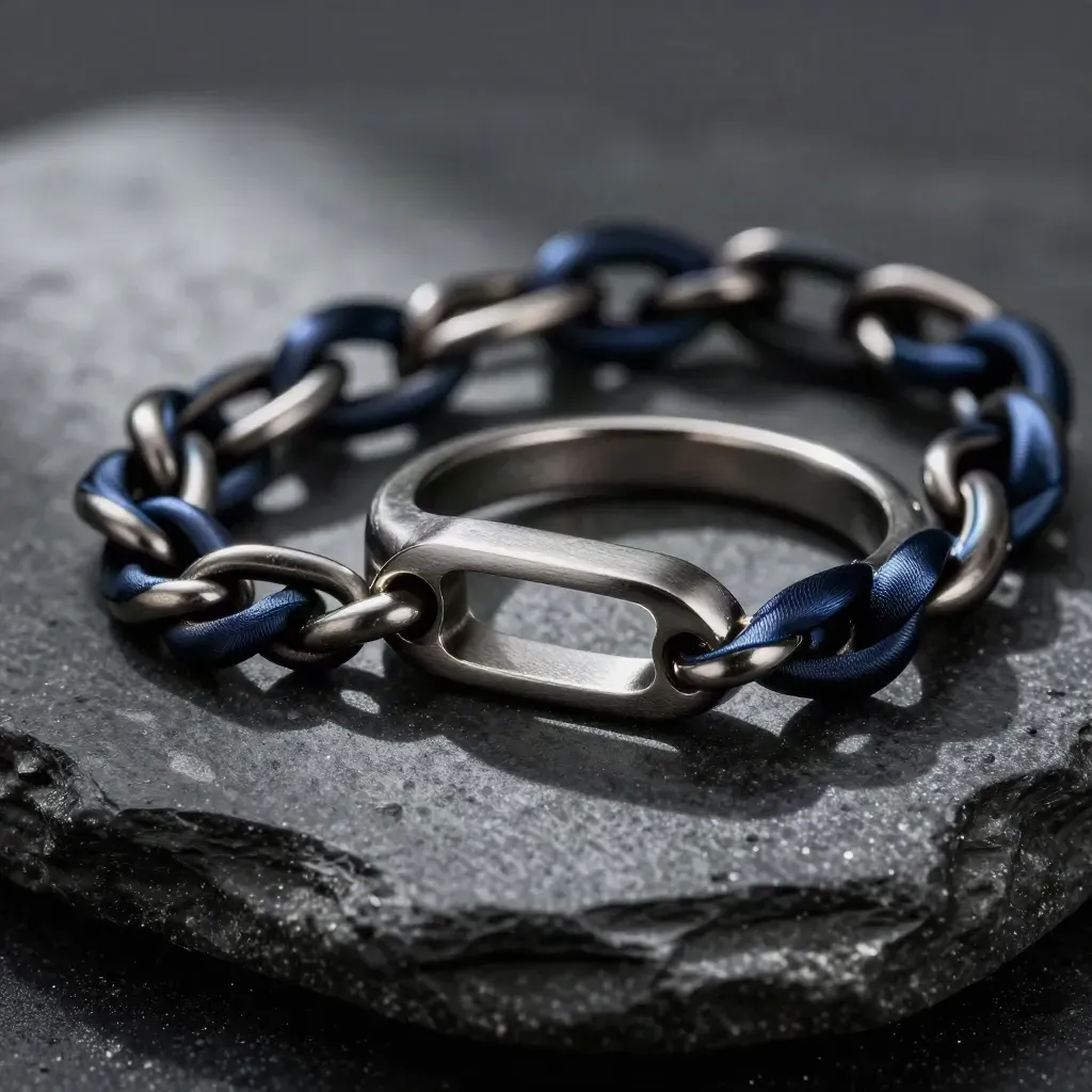 Anelli satinati e ponte metallico su pietra nera, luce soffusa e atmosfera premium.
