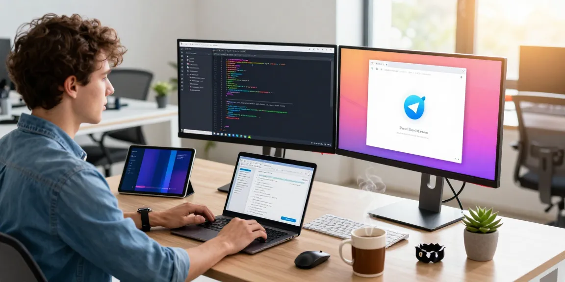 Download Telegram in a vibrant tech workspace with dual monitors displaying code and the app interface.