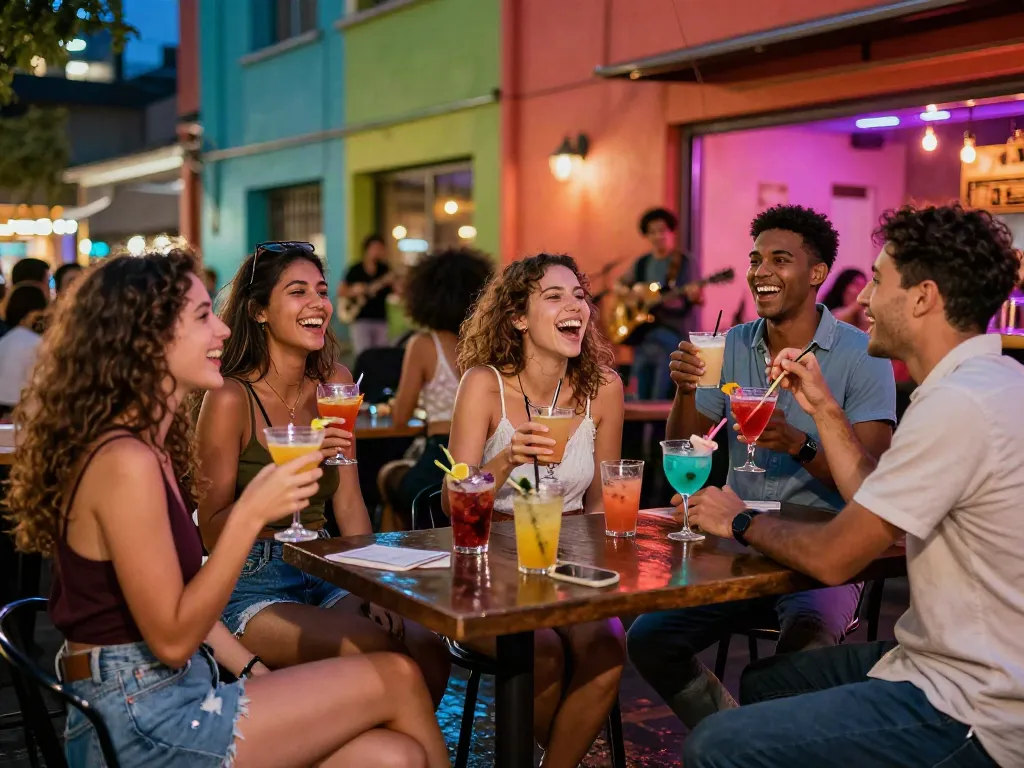 Group enjoying nightlife at an outdoor bar, capturing the essence of rokok88.